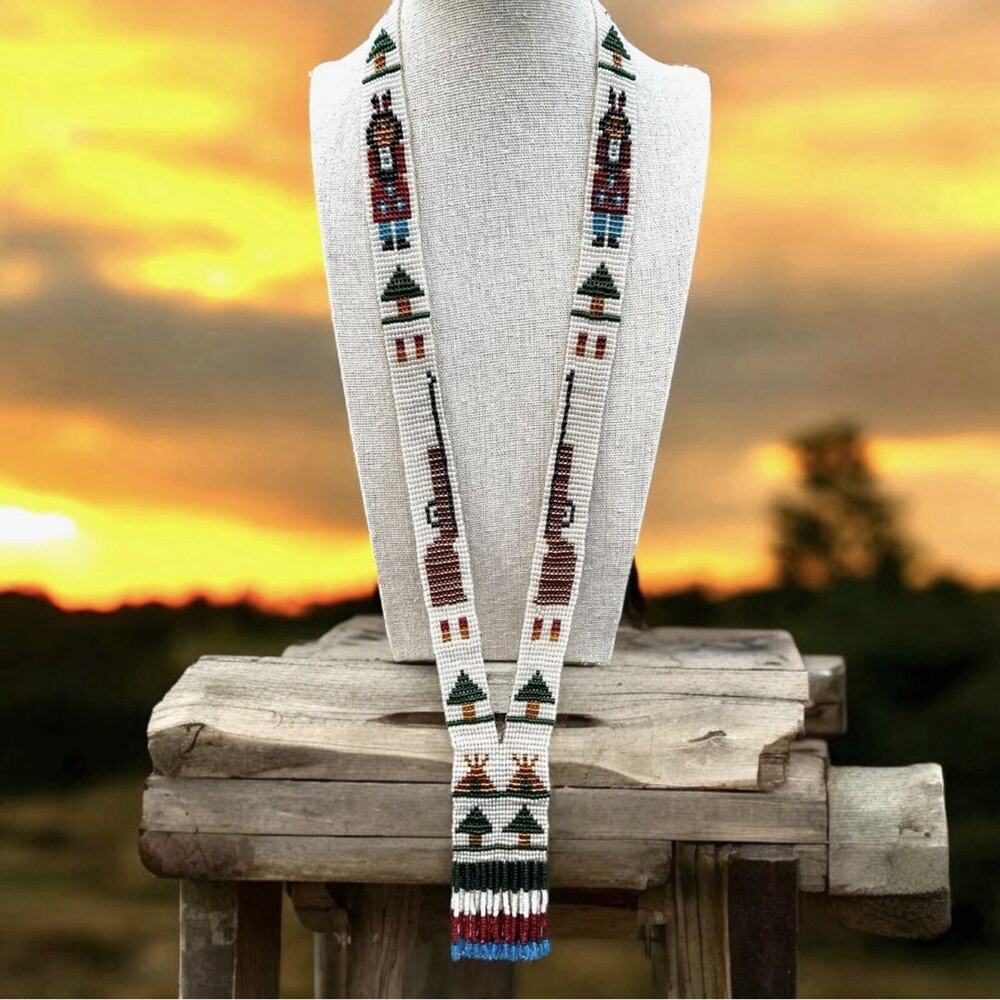 Vintage Seed Bead Necklace Shotgun Rifle & Native Girl Folk Art Teepee Tassel